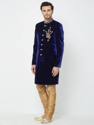 Navy Blue Embroidered Velvet Sherwani 2