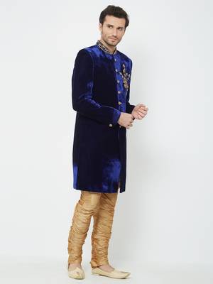 Navy Blue Embroidered Velvet Sherwani 3