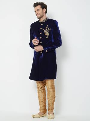 Navy Blue Embroidered Velvet Sherwani 5