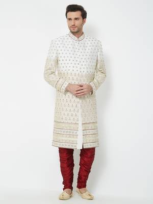 White Embroidered Art Silk Sherwani 5