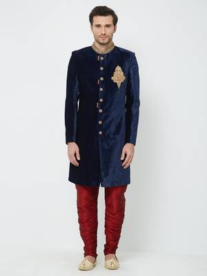 Navy Blue Embroidered Velvet Sherwani 1
