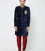 Navy Blue Embroidered Velvet Sherwani