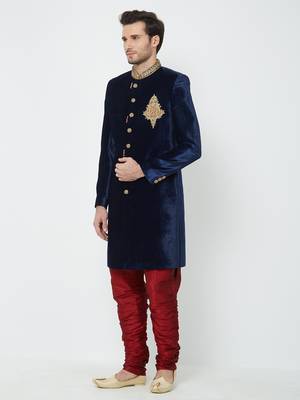 Navy Blue Embroidered Velvet Sherwani 2