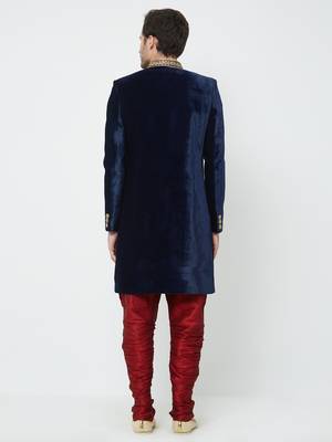 Navy Blue Embroidered Velvet Sherwani 4
