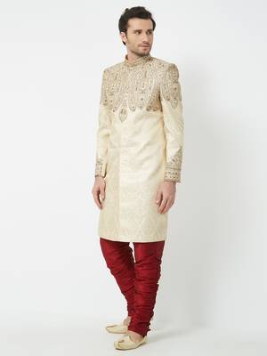White Embroidered Art Silk Sherwani 5