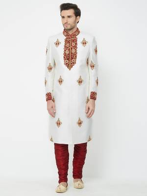 White Embroidered Art Silk Sherwani 1