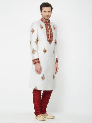 White Embroidered Art Silk Sherwani 3