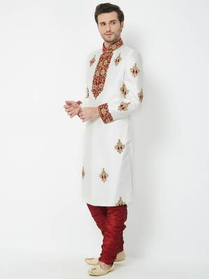White Embroidered Art Silk Sherwani 5