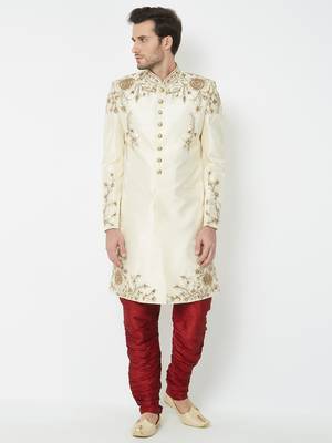 White Embroidered Art Silk Sherwani 5