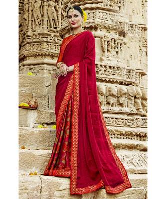 Red  Printed chiffon saree with blouse 1