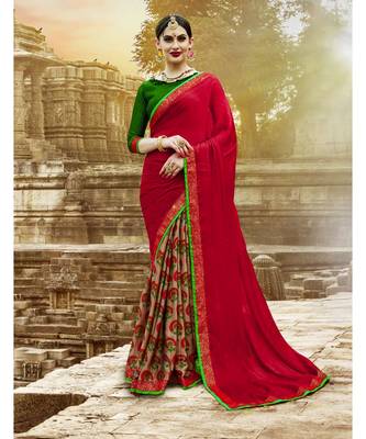 Red Printed Chiffon Saree With Blouse 1