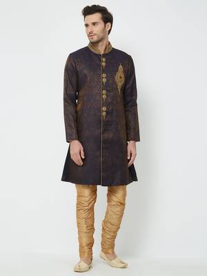 Dark Purple Embroidered Art Silk Sherwani 5