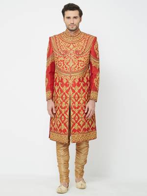 Red Embroidered Art Silk Sherwani 1