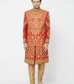 Red Embroidered Art Silk Sherwani