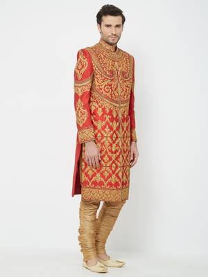 Red Embroidered Art Silk Sherwani 3