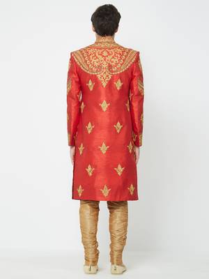 Red Embroidered Art Silk Sherwani 4