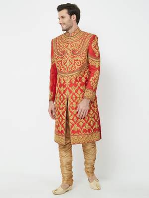 Red Embroidered Art Silk Sherwani 5