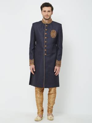 Navy Blue Embroidered Jute Sherwani 1