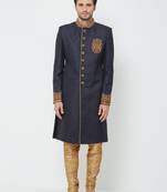 Navy Blue Embroidered Jute Sherwani