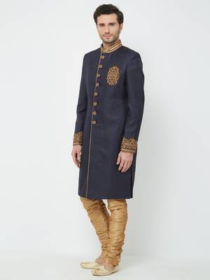 Navy Blue Embroidered Jute Sherwani 2
