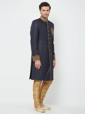 Navy Blue Embroidered Jute Sherwani 3