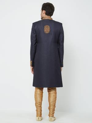 Navy Blue Embroidered Jute Sherwani 4
