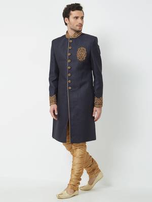 Navy Blue Embroidered Jute Sherwani 5