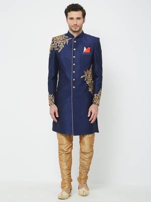 Navy Blue Embroidered Art Silk Sherwani 1