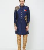 Navy Blue Embroidered Art Silk Sherwani