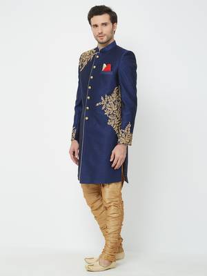 Navy Blue Embroidered Art Silk Sherwani 2