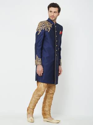 Navy Blue Embroidered Art Silk Sherwani 3