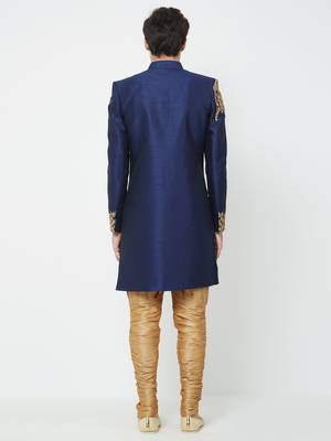 Navy Blue Embroidered Art Silk Sherwani 4