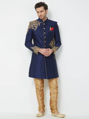 Navy Blue Embroidered Art Silk Sherwani 5