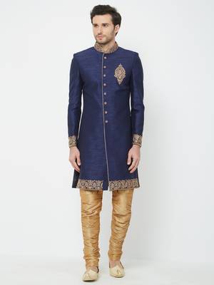 Navy Blue Embroidered Art Silk Sherwani 1