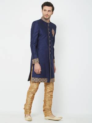 Navy Blue Embroidered Art Silk Sherwani 3