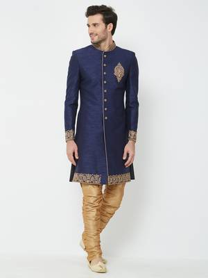 Navy Blue Embroidered Art Silk Sherwani 5