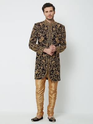 Navy Blue Embroidered Velvet Sherwani 1
