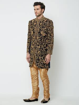 Navy Blue Embroidered Velvet Sherwani 2