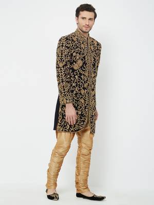 Navy Blue Embroidered Velvet Sherwani 3