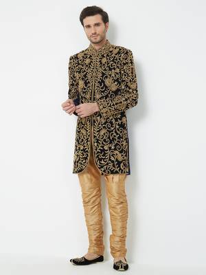 Navy Blue Embroidered Velvet Sherwani 5