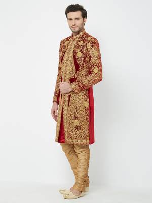 Red Embroidered Velvet Sherwani 1