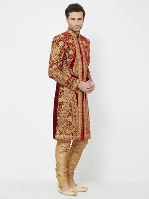 Red Embroidered Velvet Sherwani 2