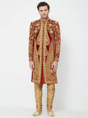 Red Embroidered Velvet Sherwani 3