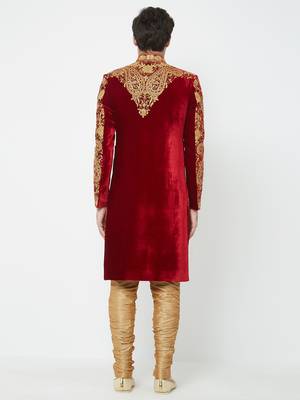 Red Embroidered Velvet Sherwani 4