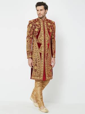 Red Embroidered Velvet Sherwani 5
