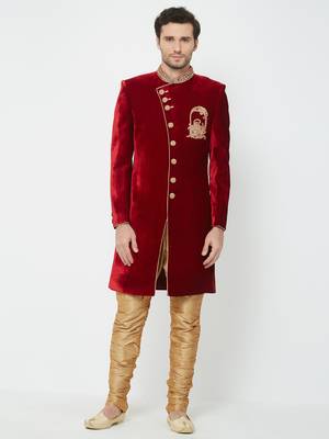 Red Embroidered Velvet Sherwani 1