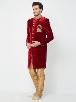 Red Embroidered Velvet Sherwani 2
