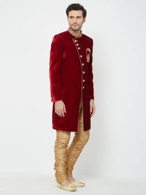 Red Embroidered Velvet Sherwani 3
