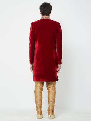 Red Embroidered Velvet Sherwani 4