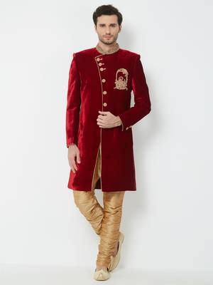 Red Embroidered Velvet Sherwani 5